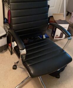 Amazon Basics High-Back Executive Swivel Office Desk Chair with Ribbed Puresoft Upholstery, Lumbar Support, Modern Style, 23.9"D x 24.69"W x 41.5"H, Black 90 91UM5NmpjL