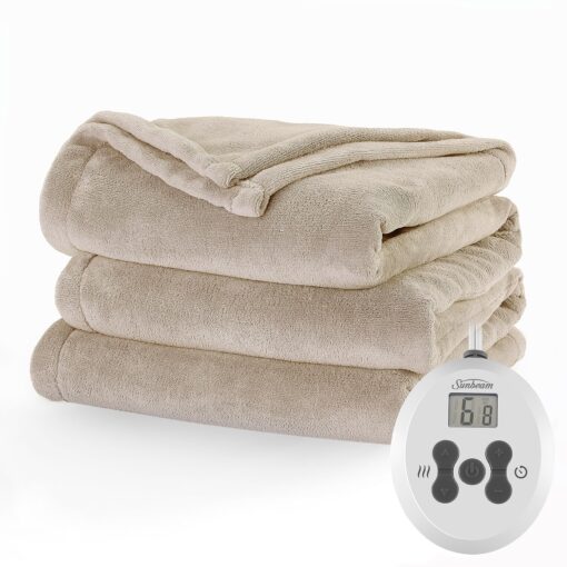 Sunbeam Royal Luxe Microplush Heated Electric Blanket Full Size, 84" x 72", 12 Heat Settings, 12-Hour Selectable Auto Shut-Off, Fast Heating, Machine Washable, Warm and Cozy, Mushroom