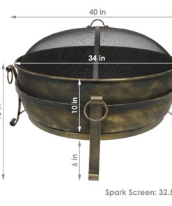 Sunnydaze 34-Inch Cauldron Style Outdoor Fire Pit Bowl with Spark Screen, Log Poker, and Wood Grate - Dark Bronze Finish 34 in 24 91Uq0af0YjL