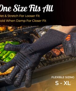 Heat Resistant Silicone BBQ Gloves - Fire Protection up to 1472°F - Insulated Glove Set for Hot Barbecue, Grill, Smoker, Baking, Cooking, and Cutting - Indoor or Outdoor Mitts Fit Men and Women One Size (Longer Cuff) Full Black 16 91V1g2BKcHL