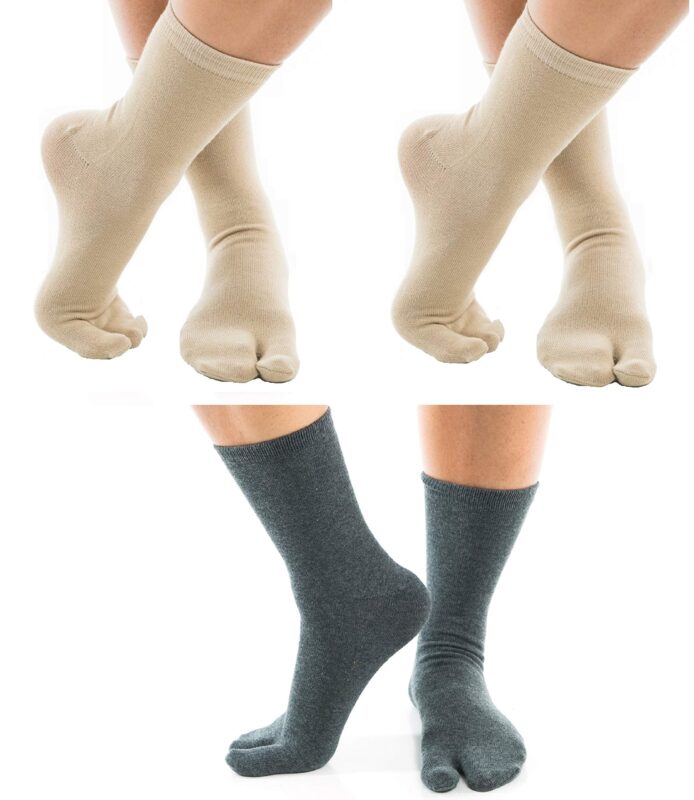 Catalog 9 V-Toe Split Toe Flip-Flop Socks 3 Pairs Tabi Premium Cotton Blend Mens Womens Socks Medium Khaki, Grey