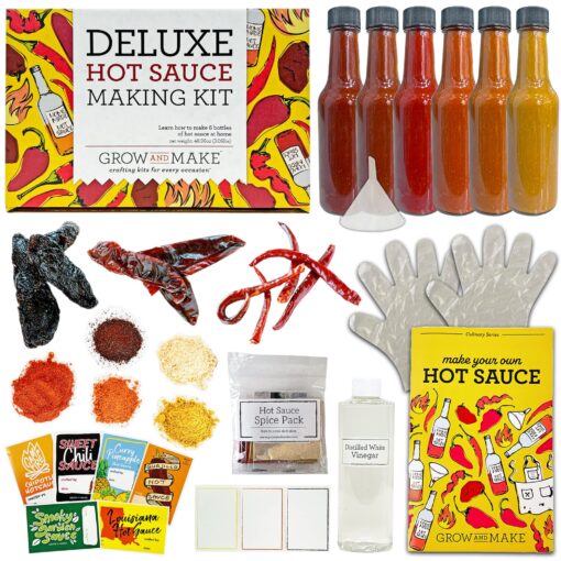 DELUXE DIY HOT SAUCE MAKING KIT Everything Included - Make Your Own Hot Sauce w/Quality Ingredients Dried Hot & Spicy Peppers, 6 Unique Recipes, Glass Bottles, design labels, Best Gift for Him, Husba Deluxe Hot Sauce