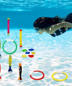 JOYIN 18Pcs Diving Pool Toys for Kids, Swimming Pool Toy with Storage Bag Includes 4 Pool Rings, 4 Diving Sticks, 4 Bandits, 6 Treasures Underwater Swim Pool Games for Ages 8-12 20 91VO8VhYrCL