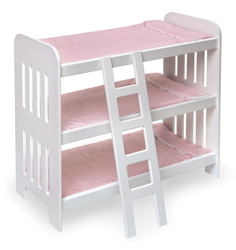 Catalog 3 Badger Basket Toy Doll Triple Doll Bunk Bed with Ladder, Bedding, and Personalization Kit for 20 inch Dolls - Pink Gingham
