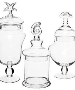 MyGift Clear Glass Apothecary Jars with Lid, Decorative Seashell Design Bathroom Canister, Footed Candy Buffet Containers, Set of 3 28 91VxxBJOvL