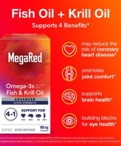 MegaRed Fish Oil + Krill Oil 900mg Omega 3 Supplement with EPA & DHA, Supports Heart, Brain, Joint and Eye Health, No Fishy Aftertaste - 60 Softgels (60 servings) 12 91WfLZAuHbL 2