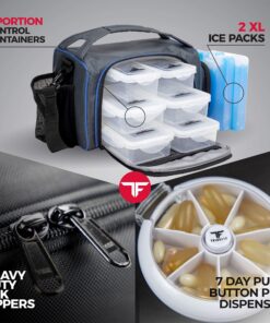 ThinkFit Insulated Meal Prep Lunch Box with 6 Food Portion Control Containers - BPA-Free, Reusable, Microwavable, Freezer Safe - With Shaker Cup, Pill Organizer, Shoulder Strap & Storage Pocket (Blue) Blue 43 91XPx5tFj3L