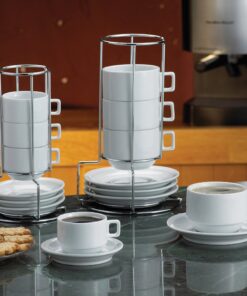 Alternative view of HIC 9-Piece Stackable Cappuccino Coffee Tea Set, Fine White Porcelain, Set Includes 4 (7-Ounce) Cups with Matching Saucers and Metal Stand, Gift Boxed