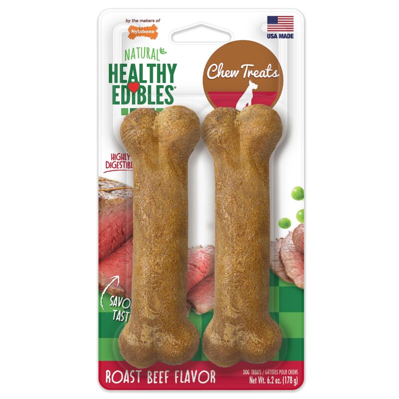 Catalog 2 Nylabone Healthy Edibles Long-Lasting Dog Treats - Natural Dog Treats for Medium Dogs - Dog Products - Roast Beef Flavor, Medium/Wolf (2 Count) Medium Dog Treats for Dogs Up to 30 lbs. 2 Roast Beef Dog Treats