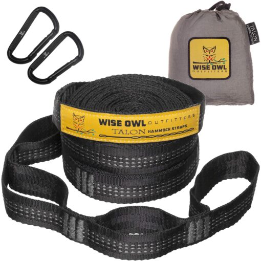 Wise Owl Outfitters Hammock Straps for Trees Heavy Duty - Set of Two 10ft Long, 1 Inch Thick Camping Hammock Tree Straps w/ 38 Loops & 2D Carabiners - Essential Hammock Accessories Grey