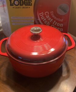 Lodge 6 Quart Enameled Cast Iron Dutch Oven with Lid – Dual Handles – Oven Safe up to 500° F or on Stovetop - Use to Marinate, Cook, Bake, Refrigerate and Serve – Island Spice Red 59 91Yg diWyQL