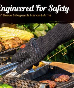 Heat Resistant Silicone BBQ Gloves - Fire Protection up to 1472°F - Insulated Glove Set for Hot Barbecue, Grill, Smoker, Baking, Cooking, and Cutting - Indoor or Outdoor Mitts Fit Men and Women One Size (Longer Cuff) Full Black 17 91YgxGy2qSL