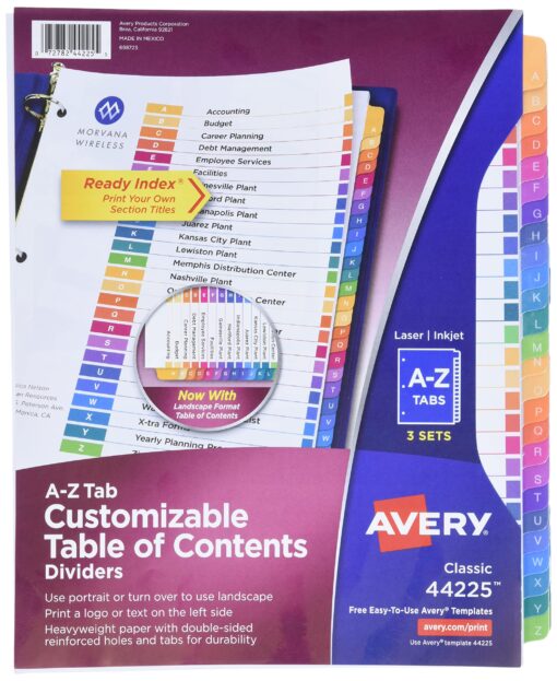 Avery A-Z Tab Dividers for 3 Ring Binders, Customizable Table of Contents, Multicolor Tabs, 3 Sets (44225) Classic