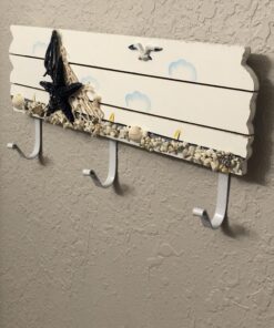 MyGift 13.4 Inch Wall Mounted Wood Nautical Theme Coat Rack with 3 Hooks and Decorative White Sand, Starfish, Seagull and Seashells Design 22 91ZAZe1Y7VL
