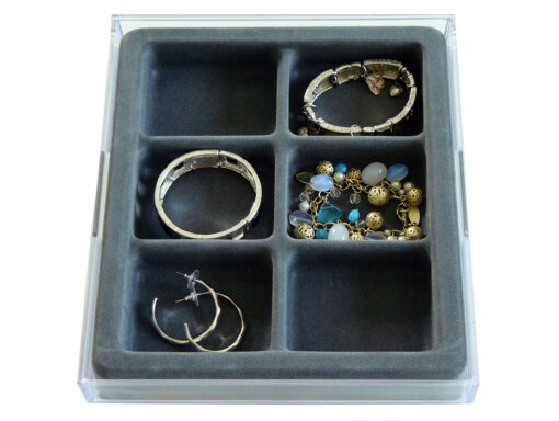 DR. ORGANIZER 3302 Watches, Bracelets and Large Earring Jewelry Organizer with Velvet Tray, US Patented, 6 compartments, Clear with Gray Insert