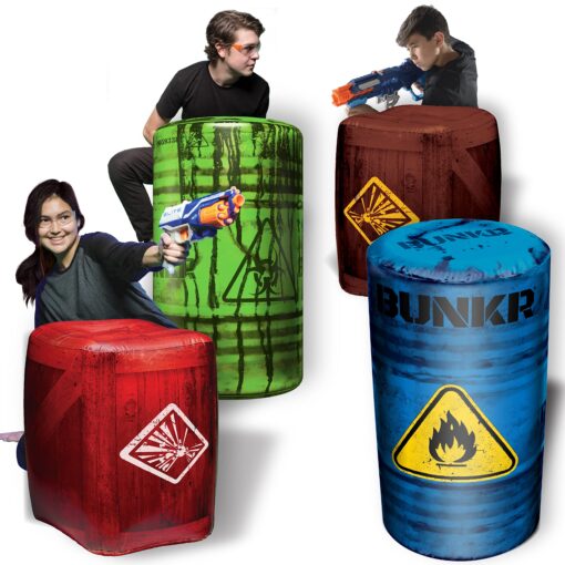 BUNKR BattleZones Battle Royale Inflatable Bunker Fort - 4 Piece Barricade Shield Set Crates and Barrels - Perfect for NERF Party Blue