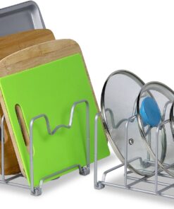 2 Pack - SimpleHouseware Kitchen Cabinet Pantry and Bakeware Organizer Rack Holder, Silver Sliver 23 91Zxld3tpFL