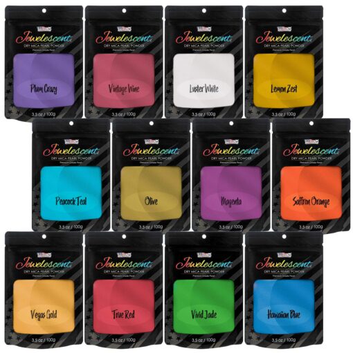 U.S. Art Supply Jewelescent 12 Color Mica Pearl Powder Pigment Set Kit, 3.5 oz (100g) Sealed Pouches - Cosmetic Grade, Metallic Color Dye - Paint, Epoxy, Resin, Soap, Slime Making, Makeup, Art 12 Color - Deluxe Set