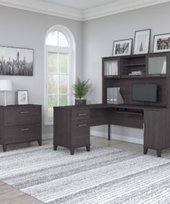 Alternative view of Bush SET008SG 60-Inch W L-Shaped Desk w/Hutch and Lateral File Cabinet Storm Gray