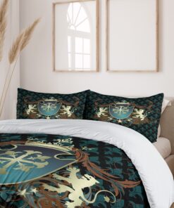 Ambesonne Medieval Duvet Cover Set, Heraldic Design from Middle Ages Coat of Arms Crown Lions and Swirls, Decorative 3 Piece Bedding Set with 2 Pillow Shams, Queen Size, Teal Black Cinnamon 11 91a9s4Fxi8L