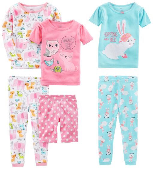 Simple Joys by Carter's Babies, Toddlers, and Girls' 6-Piece Snug-Fit Cotton Pajama Set, Pack of 3 4 Blue Bunny/Pink Dots/White Forest Animals