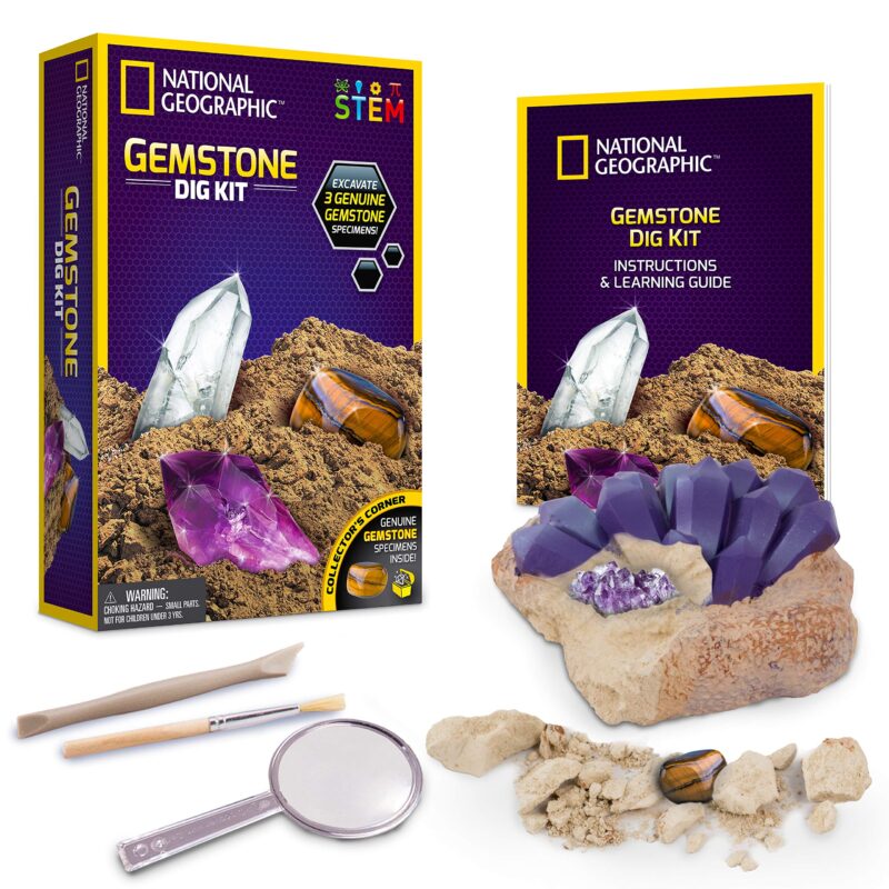 Catalog 3 NATIONAL GEOGRAPHIC Gemstone Dig Kit – Excavate 3 real gems including Amethyst, Tiger’s Eye & Rose Quartz - Great STEM Science gift for Mineralogy and Geology enthusiasts of any age Gem Dig
