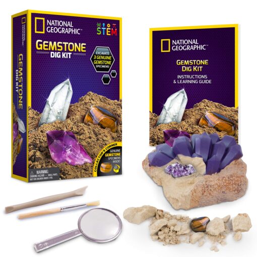 NATIONAL GEOGRAPHIC Gemstone Dig Kit – Excavate 3 real gems including Amethyst, Tiger’s Eye & Rose Quartz - Great STEM Science gift for Mineralogy and Geology enthusiasts of any age Gem Dig