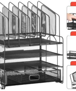 Marbrasse Desk Organiser Drawer, 4-Tier Mesh Desk File Organiser,5 Vertical File Holders and 2 Pen Holders, Multifunction Desktop Organizer,Desk Organizers and Accessories for Home Office Mesh Vertical File Folder - 01 25 91b gfdHK L