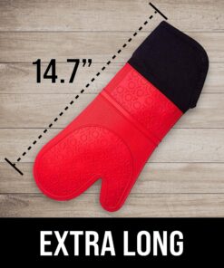HOMWE Extra Long Professional Silicone Oven Mitt, Oven Mitts with Quilted Liner, Heat Resistant Pot Holders, Flexible Oven Gloves, Red, 1 Pair, 14.7 Inch 28 91b6H03HTL