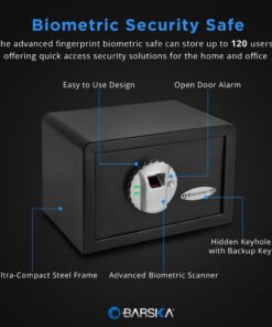 BARSKA AX11620 Biometric Fingerprint Mini Security Home Safe Box 0.29 Cubic Ft, Black, 12" x 8" x 7.75" Front Opening Compact 0.23 CU FT 29 91cgFturvL