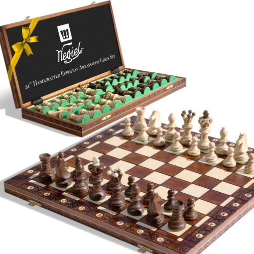 Wegiel Handmade European Ambassador Chess Set - Wooden 21 Inch Beech & Birch Board with Felt Base - Carved Hornbeam & Sycamore Wood Chess Pieces Ambassador - Brown