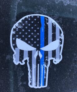 Punisher Skull 5.5 x 4 Inch Tattered Subdued US Flag Reflective Decal with Thin Blue Line Car Sticker, Helmet & Truck Accessories for Men. Support The Police with American Flag USA Bumper Sticker. 16 91eI9e5U6L