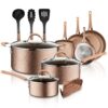 NutriChef 14-Piece Nonstick Cookware PTFE/PFOA/PFOS-Free Heat Resistant Lacquer Kitchen Ware Set w/Saucepan, Frying Pans, Cooking, Dutch Oven Pot, Lids, Utensil NCCW14S, AGold 10 91eeLZTfJML