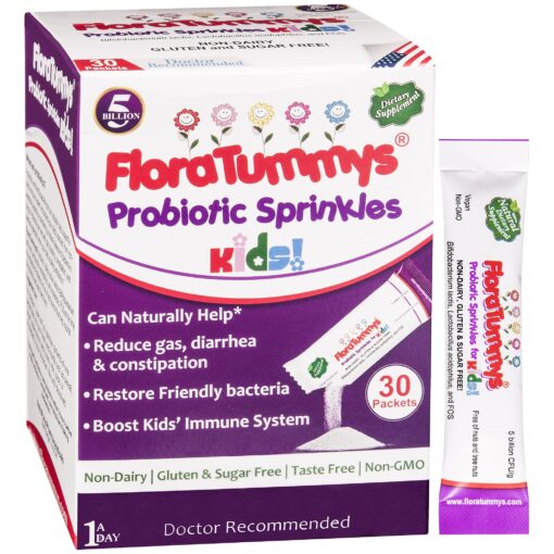 FloraTummys Probiotics for Kids: 30 Taste-Free Powder Packets, Free of Food Allergens, Non-Dairy, Gluten Free, Sugar Free, Non-GMO, Vegan 1