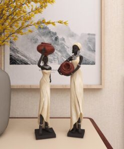 Deco 79 Polystone Woman Standing African Sculpture with Red Water Pots and Black Base, Set of 2 16"H, 4"W, Cream 30 91f3yB48FiL