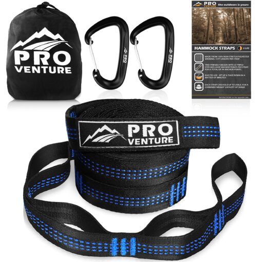 Pro Venture Hammock Straps and Carabiners Set | 22 Feet Total, 44+2 Loops | 1200lbs Breaking Strength (500lbs Rated) | Non-Stretch, Lightweight, Portable - Quick Setup | Heavy Duty, Tree Friendly 11 Feet. Blue