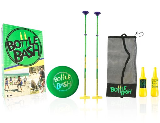 Bottle Bash Outdoor Flying Disc Game Set – Disc Toss Game for Family, Adult & Kids, Backyard and Beach Game - Frisbee Target Lawn Game with Poles & Bottles (Beersbee & Polish Horseshoes) Original - Green