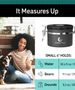Coffee Gator Stainless Steel Canister - Small 11oz, Silver Coffee Grounds and Beans Container with Date-Tracker, CO2-Release Valve, and Measuring Scoop - Ideal Coffee Lovers Gifts for Her 13 91fSmX5mhCL