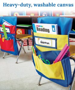 Carson Dellosa 15" W x 19" H Canvas Blue and Red Chairback Buddy Pocket Chart, Classroom Chair Organizer, Classroom Chair Storage with 6 Chair Pockets and One Student Name Tag, Seat Storage Organizer Blue & Red 1 pack 21 91fc1MMW1L