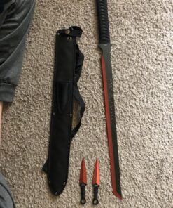 Wartech K1020-65-RD 440 Stainless Steel Full Tang Blade Ninja Hunting Machete Sword with Throwing Knives (2 Piece), 27", Red 13 91fzwI9X9L