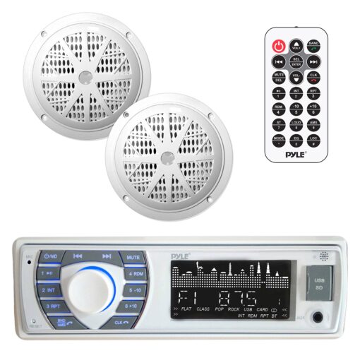 Pyle Marine Receiver & Speaker Kit - In-Dash LCD Digital Stereo Built-in Bluetooth & Microphone w/ AM FM Radio System 5.25’’ Waterproof Speakers (2) MP3/USB/SD Readers & Remote Control - PLMRKT36WT White