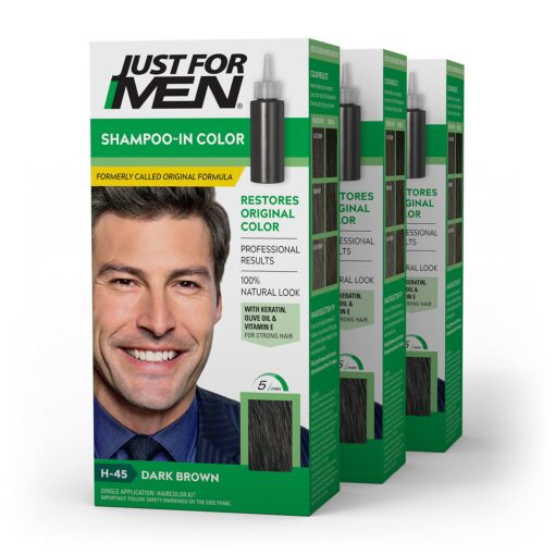 Just For Men Shampoo-In Color (Formerly Original Formula), Mens Hair Color with Keratin and Vitamin E for Stronger Hair - Dark Brown, H-45, Pack of 3 1 Count (Pack of 3) Dark Brown H-45