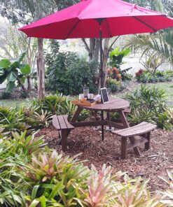 Giantex 6 Person Wooden Picnic Table Set with Wood Bench, with Umbrella Hold Design, Perfect for Outdoor Garden Yard Pub Beer Dining, Dark Brown 67"L×67" W×27.5" 29 91hglVVmGDL