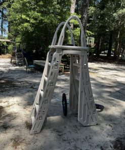 Confer Plastics 7200 Roll Guard 48" to 56" Adjustable A Frame Safety Ladder for Above Ground Outdoor Patio Swimming Pool Platform Ladder with Step Barrier, Warm Grey 42 91i79hCasbL