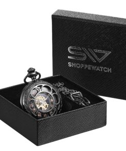 ShoppeWatch Men’s Pocket Watch with Chain | Hand Winding Vintage Pocket Watch | Classic Mechanical Movement Pocketwatch | 1920s Railroad Steampunk Costume Accessory Black 18 91iStvaYqgL