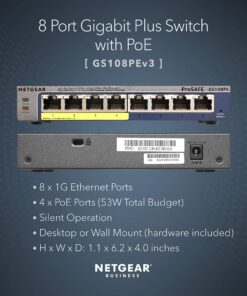 NETGEAR 8-Port PoE Gigabit Ethernet Plus Switch (GS108PEv3) - Managed, with 4 x PoE @ 53W, Desktop or Wall Mount, and Limited Lifetime Protection 8 port | 4xPoE 53W, Managed 15 91kKIOia1IL