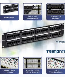 Alternative view of TRENDnet 48-Port Cat6 Unshielded Patch Panel, Wallmount or Rackmount, Compatible with Cat3,4,5,5e,6 Cabling, For Ethernet, Fast Ethernet, Gigabit Applications, Black, TC-P48C6 Rack Mount