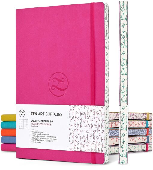 Cute Large B5 Dot Journal - Enjoy Bullet Journaling with a Soft Cover 7x10-inch, Non-Bleed Thick 120gsm Paper, Dotted Journal in Pink, Japanese Edge Motif, Faux Leather Lay Flat Dot Notebook - ZenART French Rose 120gsm