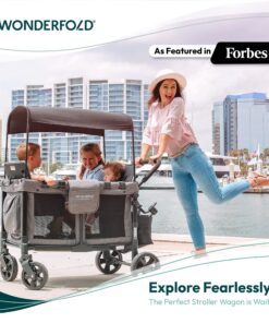 Alternative view of WONDERFOLD W4 Original Quad Stroller Wagon Featuring 4 High Face-to-Face Seats with 5-Point Harnesses, Easy Access Front Zipper Door, and Removable UV-Protection Canopy, Black W4_Original