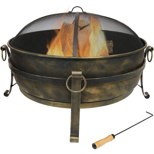 Sunnydaze 34-Inch Cauldron Style Outdoor Fire Pit Bowl with Spark Screen, Log Poker, and Wood Grate - Dark Bronze Finish 34 in